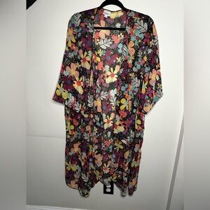 Women’s Lularoe Open Front Kimono Multicolored Floral Sheer Cover Up LG